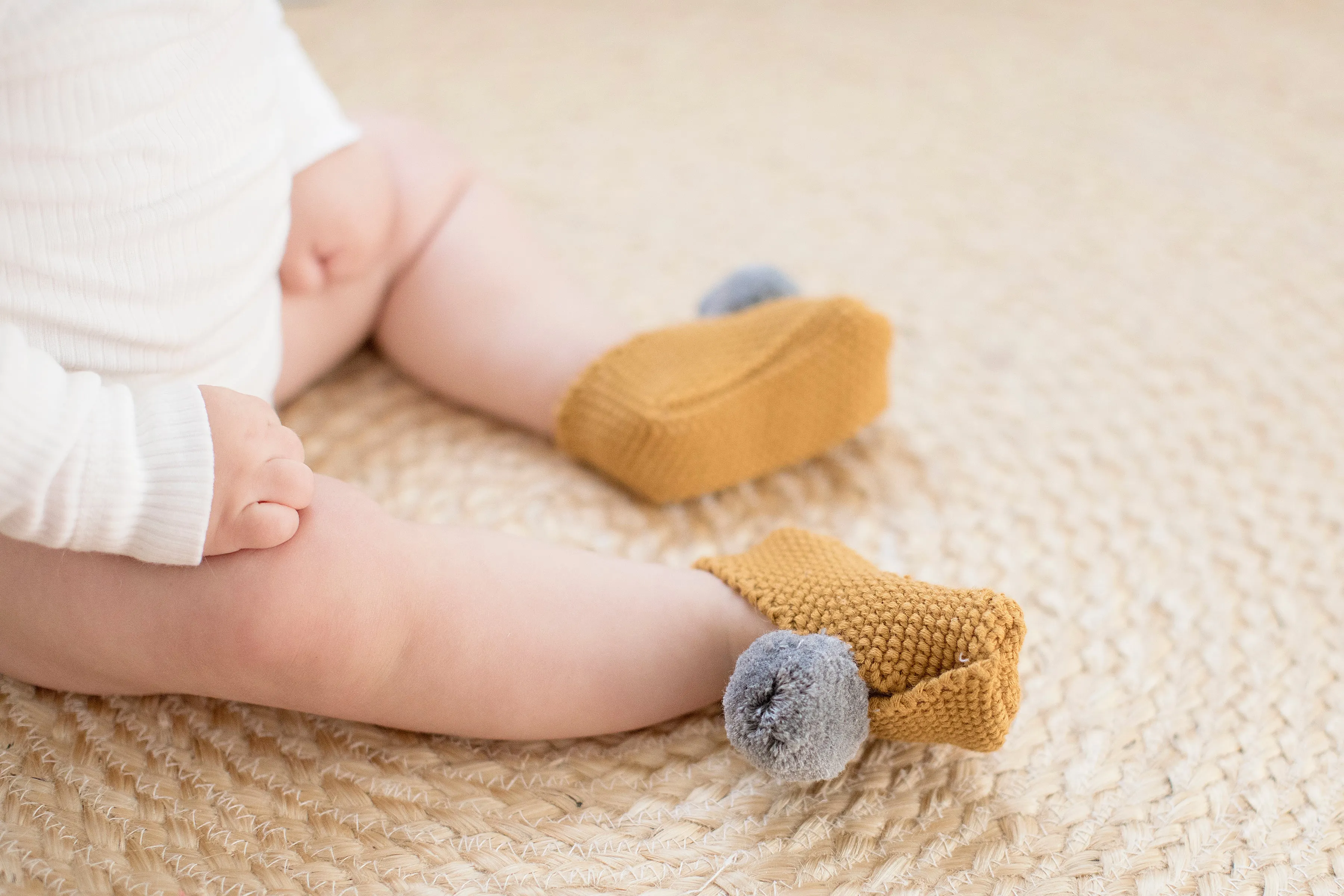 Baby Pom Pom Slippers - Butterscotch & Grey