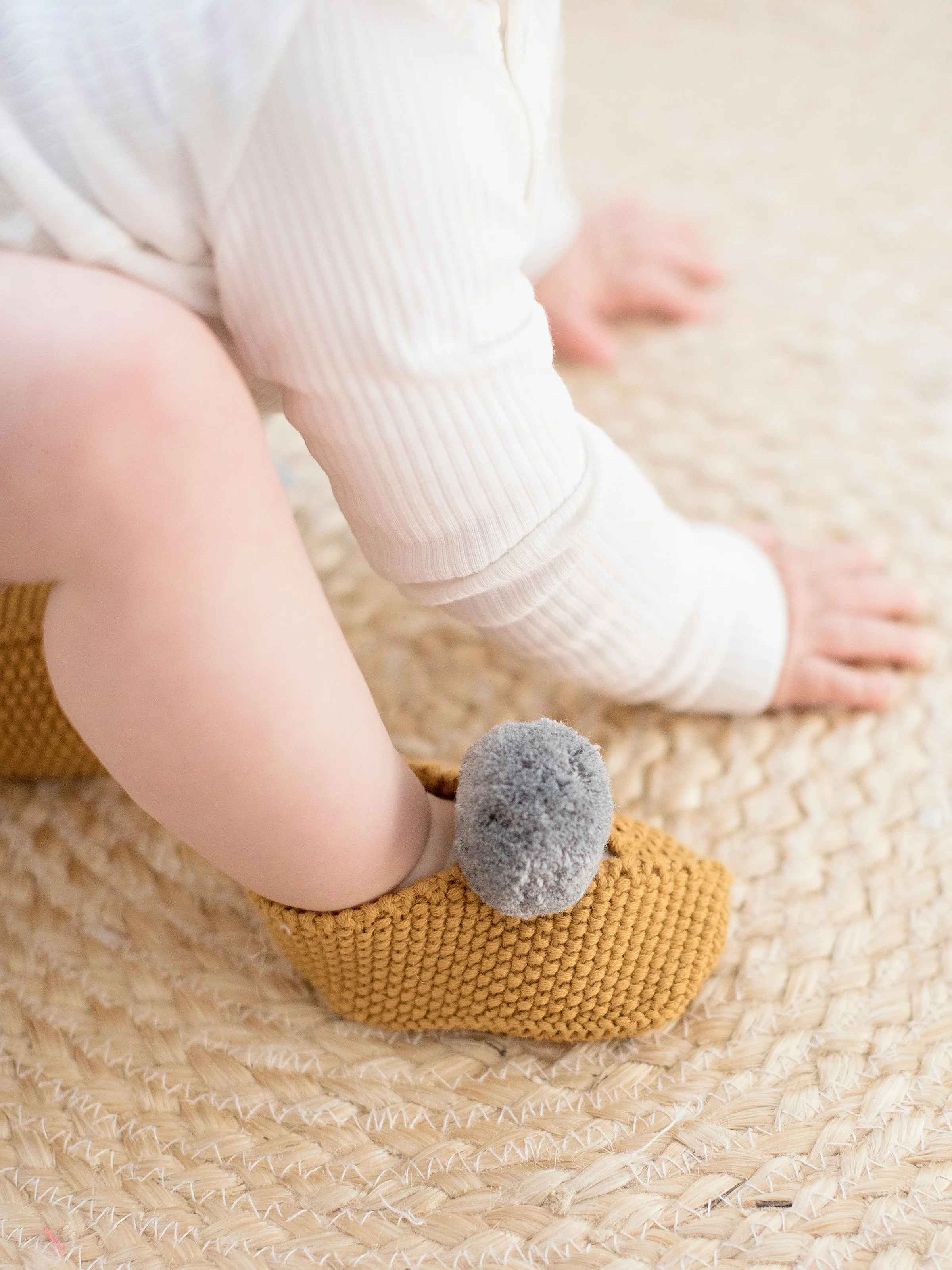 Baby Pom Pom Slippers - Butterscotch & Grey