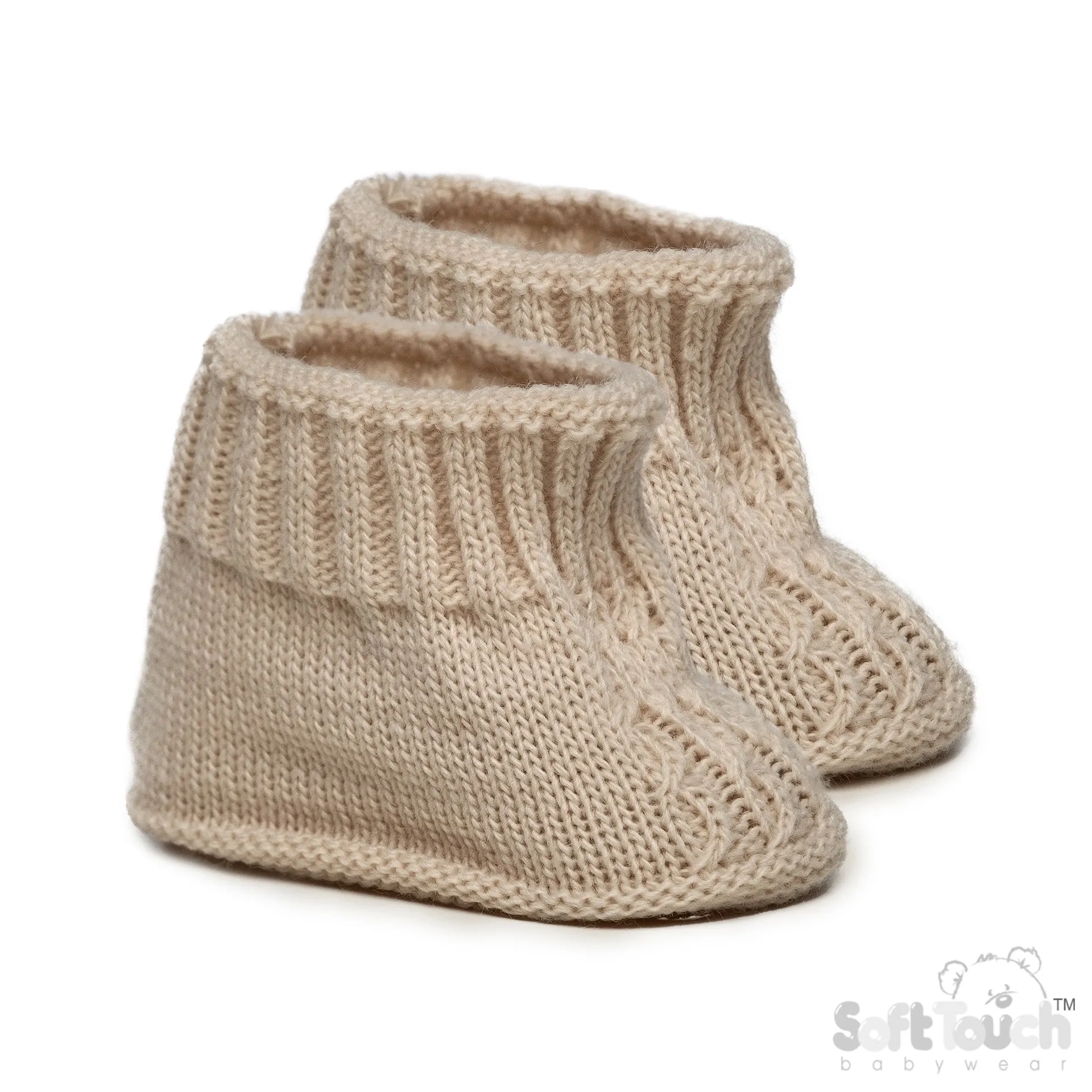 BISCUIT ACRYLIC BABY BOOTEES W/CHAIN KNIT - S440BI