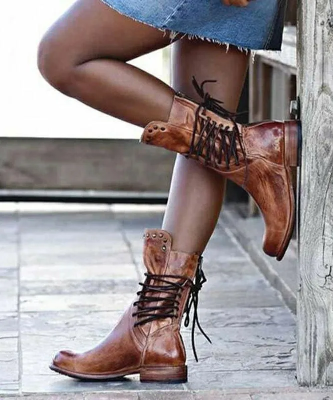 Black Rivet Boots Faux Leather Unique Lace Up Boots LY4390