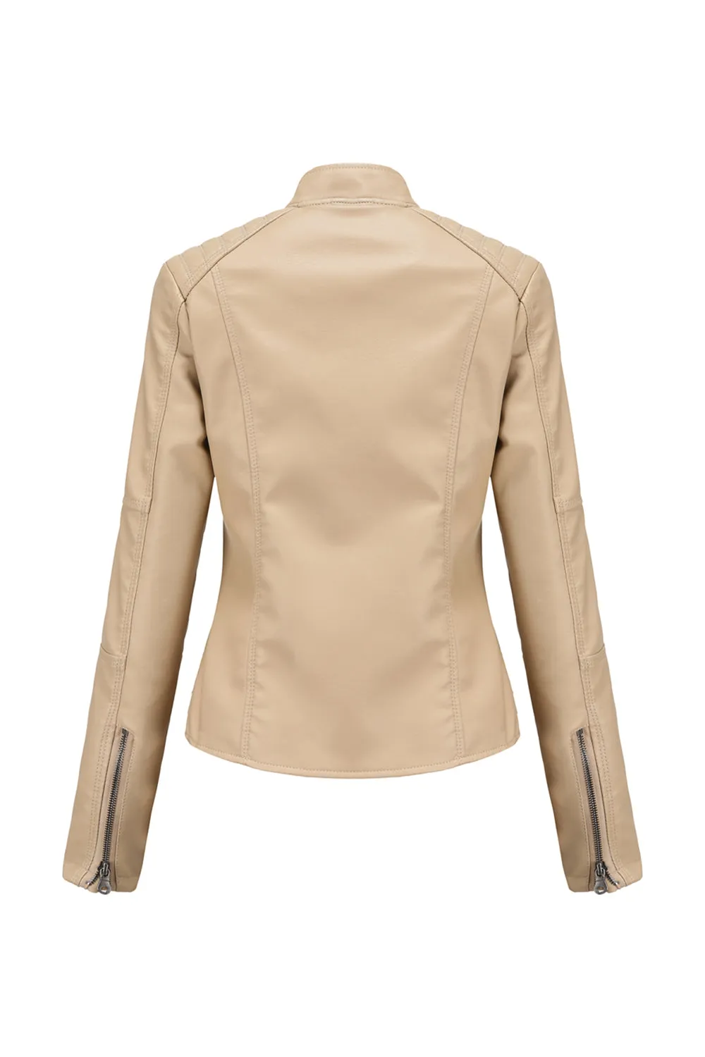 Black Zipper Front Fitted PU Women Jacket