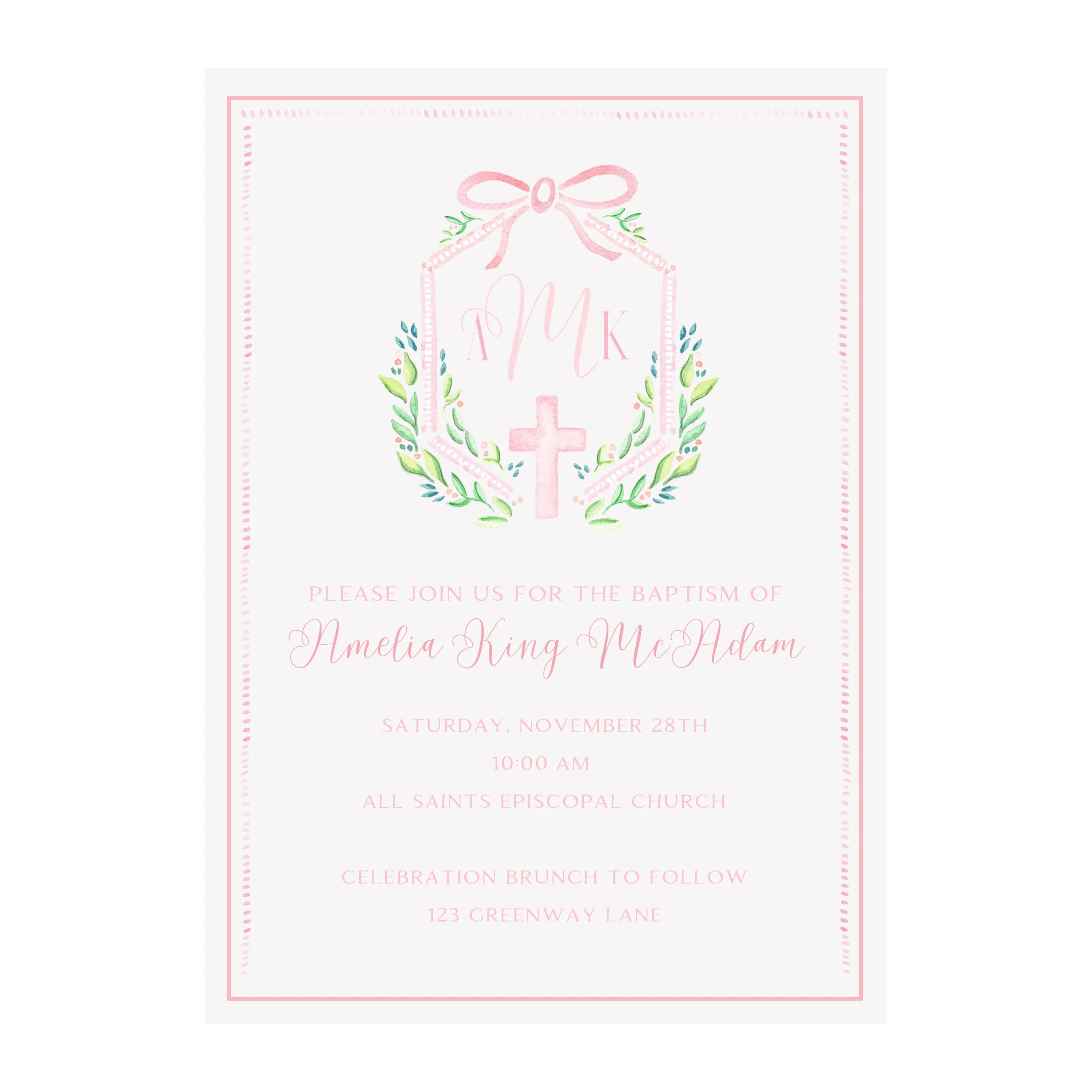 Christening Baptism Communion Cross Invitation- Pink