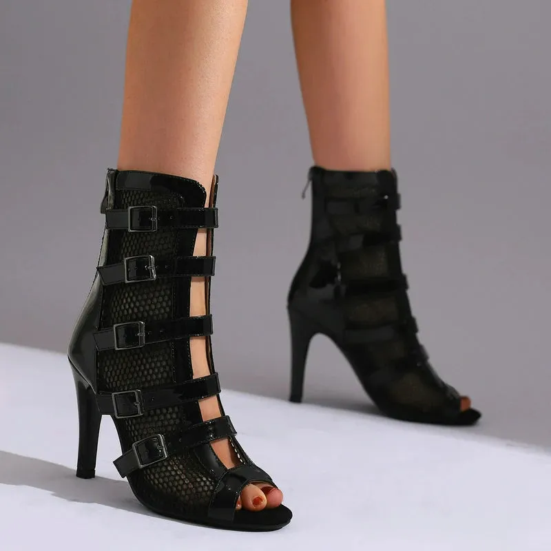 DS Women's Black Leatherette Customized Heel Dance Boots Ballroom Dance Shoes