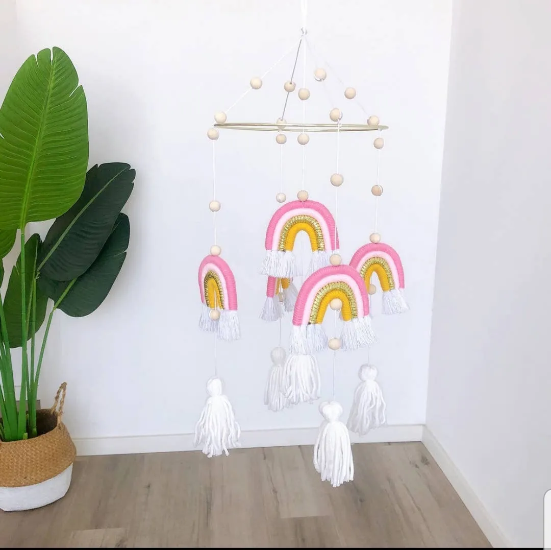 Pink Handmade Rainbow Hanging Baby Crib Mobile