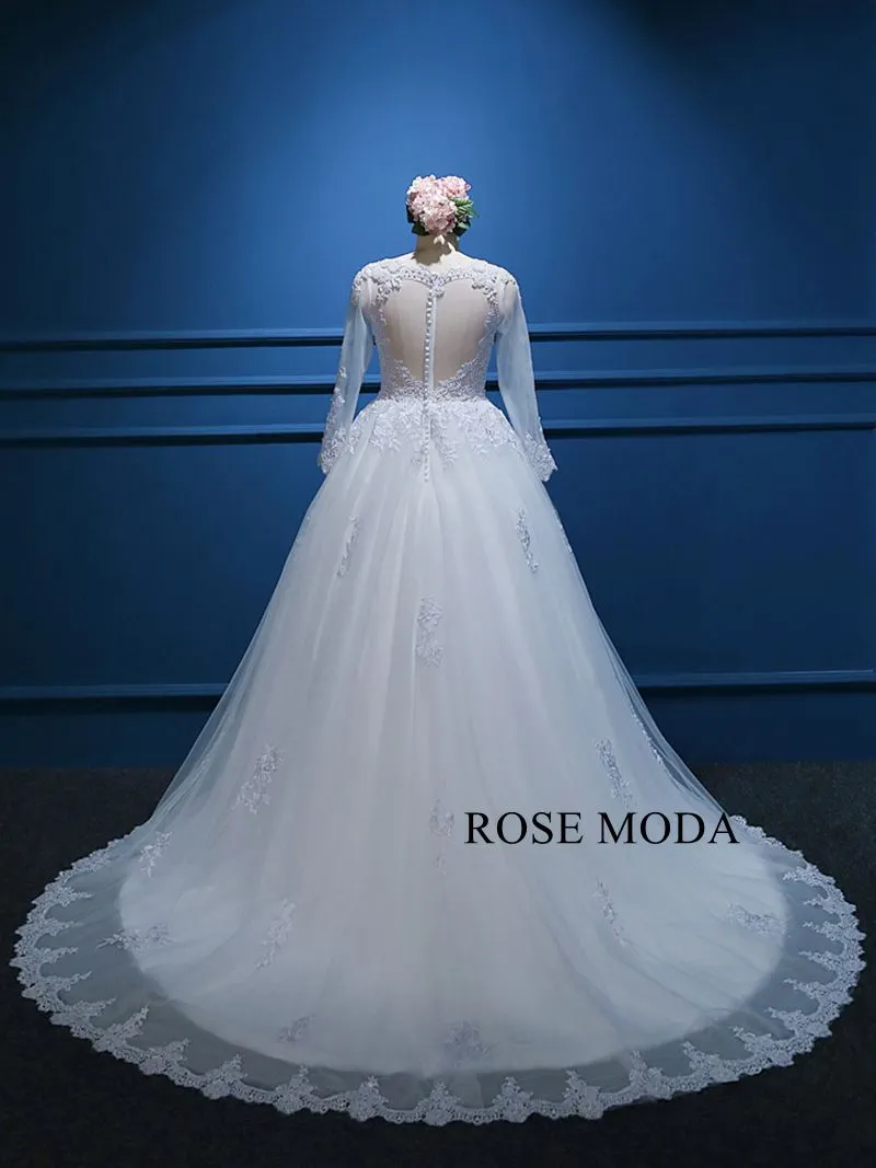 Rosemoda Illusion Bateau Neckline Encrusted Pearl Ball Gown Wedding Dress With Long Sleeve