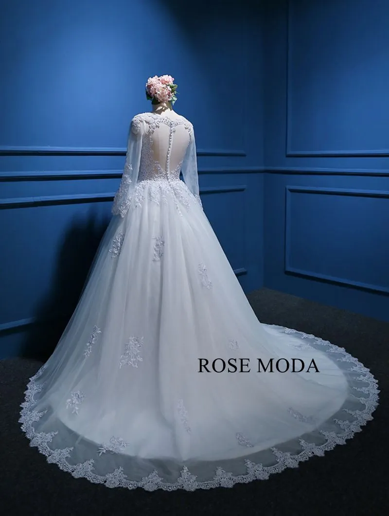 Rosemoda Illusion Bateau Neckline Encrusted Pearl Ball Gown Wedding Dress With Long Sleeve