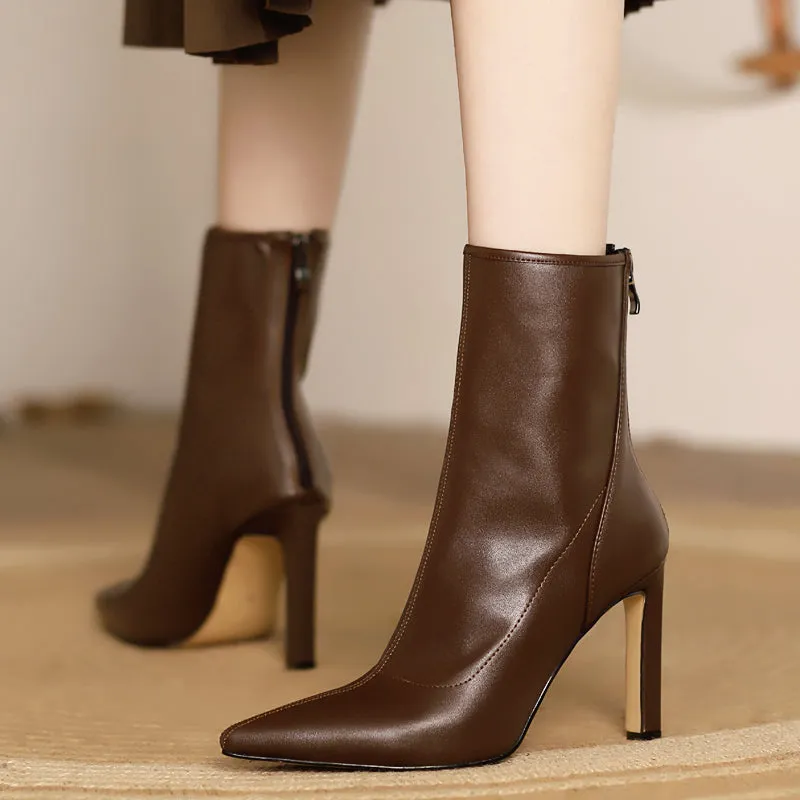 Women's Brown 9.5cm Slim Heel Rubber Sole Leatherette Jazz Shoes Closed Toe Dance Heels Boots